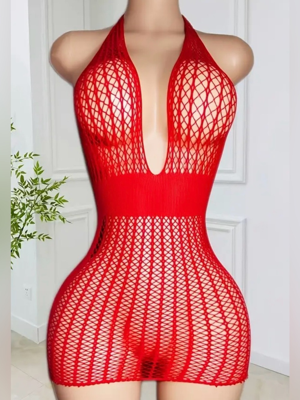 Red, Fishnet, Halter, Lingerie Slip - Picture 3 of 6